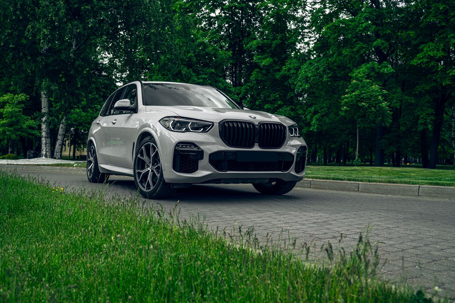 BMW X5 blanco estacionado en una carretera escénica rodeada de vegetación exuberante, resaltando la elegancia y el lujo sostenible.