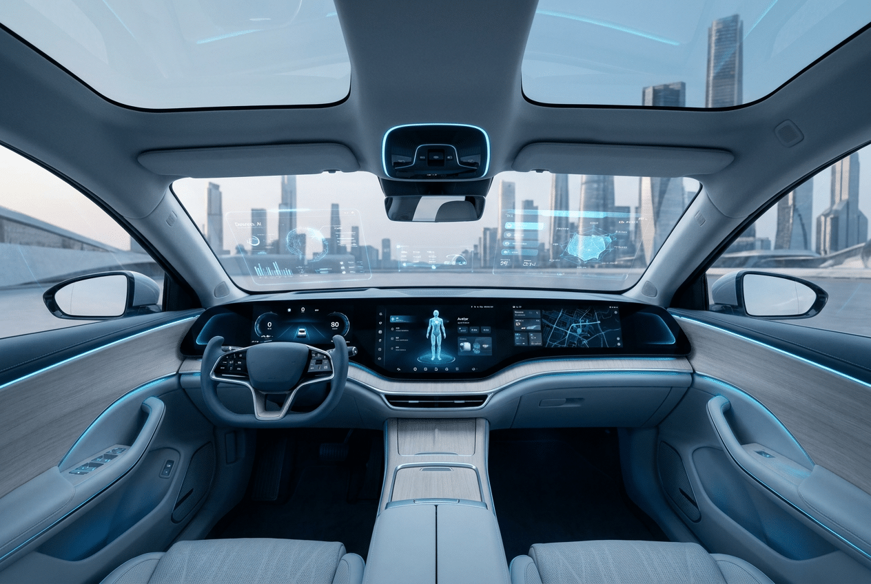 Interior futurista de un coche eléctrico con interfaces de inteligencia artificial y pantallas digitales avanzadas, representando los AI Defined Vehicles.