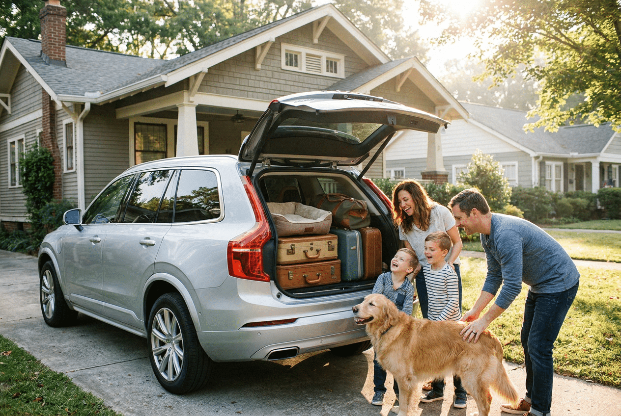 Familia cargando maletas en el amplio maletero de un Subaru Ascent, enfatizando la versatilidad y el espacio interior.