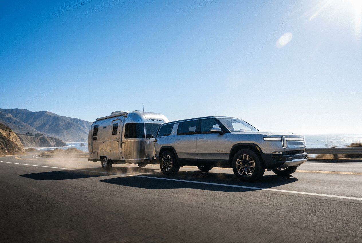 Subaru Ascent remolcando una caravana tipo Airstream por una carretera escénica, demostrando su capacidad de remolque de 5.000 libras.