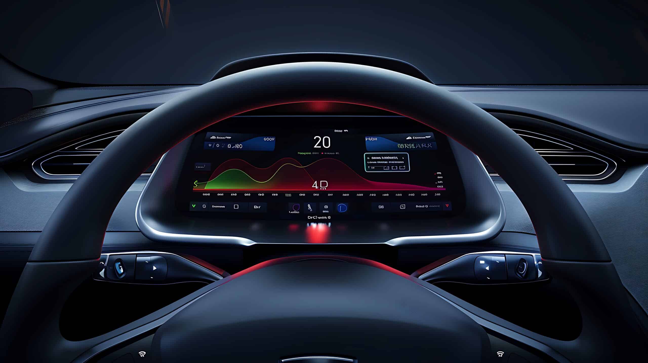 Interior of a modern car with a digital display and steering wheel, representing the high-tech cabin and Coffee OS.