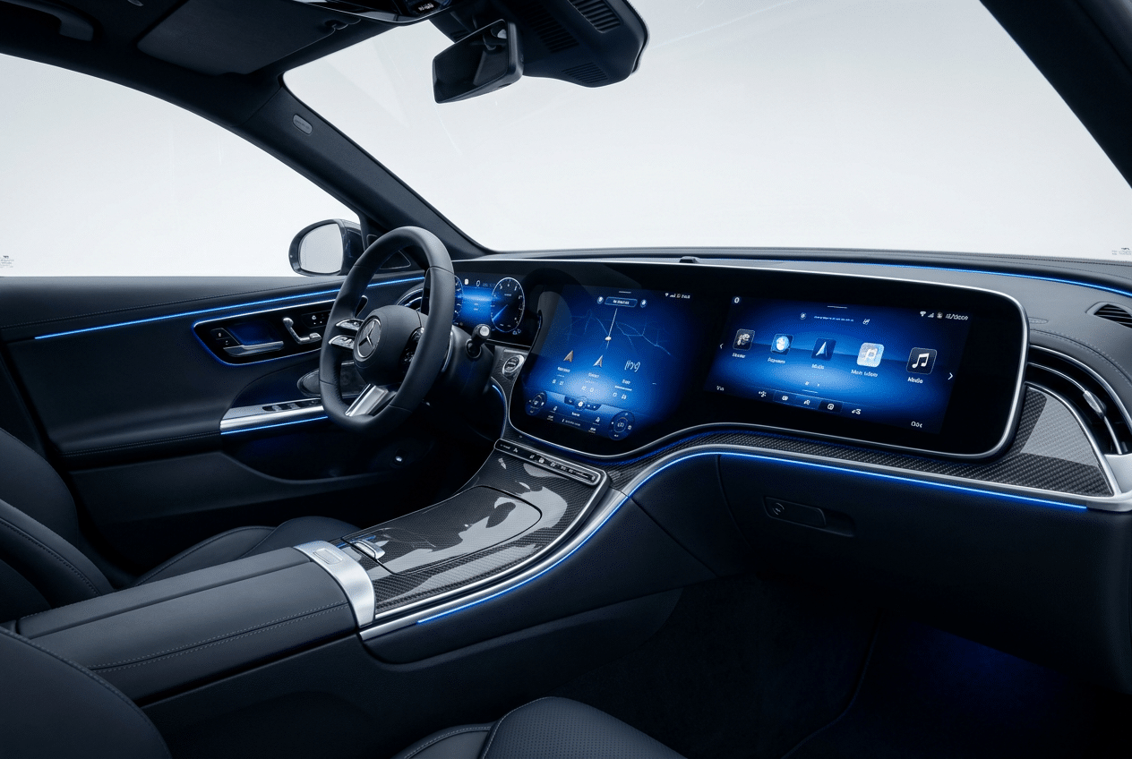 Interior del Mercedes-Benz Clase C 2027 mostrando la impresionante pantalla Hyperscreen de 39,1 pulgadas.