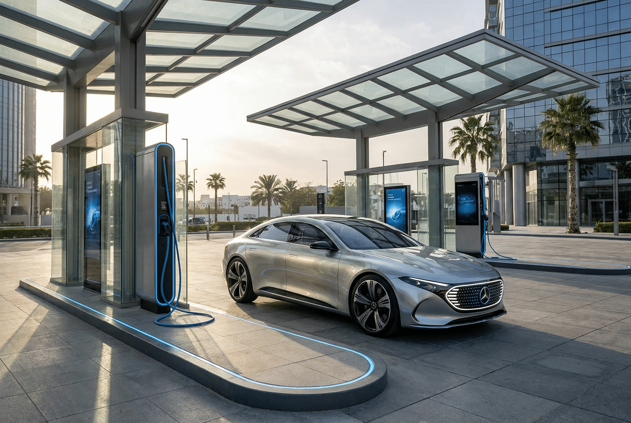 Mercedes-Benz Clase C 2027 eléctrico cargando en una estación ultra-rápida de alta tecnología.