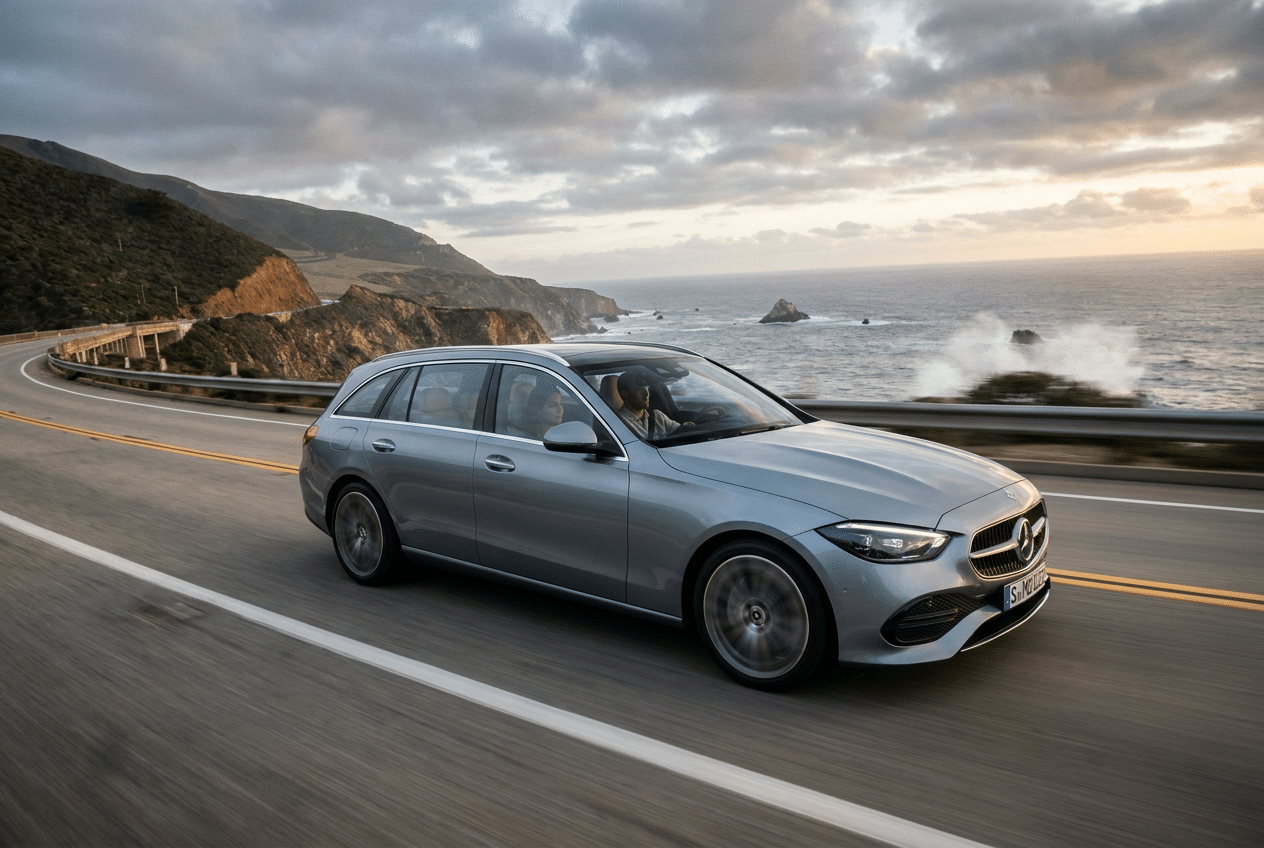 Mercedes-Benz Clase C 2027 versión Estate en color gris cielo nublado circulando por una carretera costera.