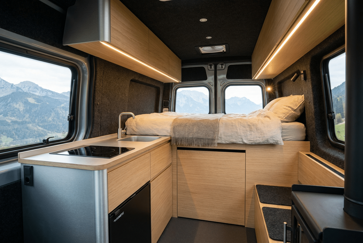 Interior minimalista y lujoso de una camper 4x4 alemana con cocina compacta y cama confortable.