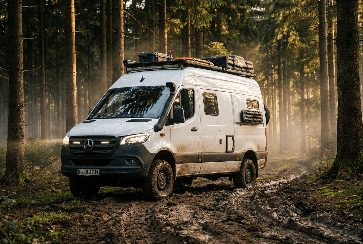 Camper 4x4 de lujo navegando por un camino embarrado en el Bosque Negro de Alemania, resaltando su capacidad todoterreno.