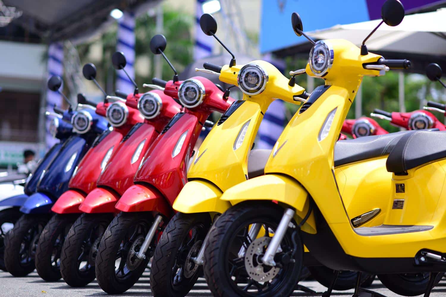 Varios ciclomotores eléctricos de colores alineados, mostrando la variedad de modelos y opciones disponibles en el mercado.