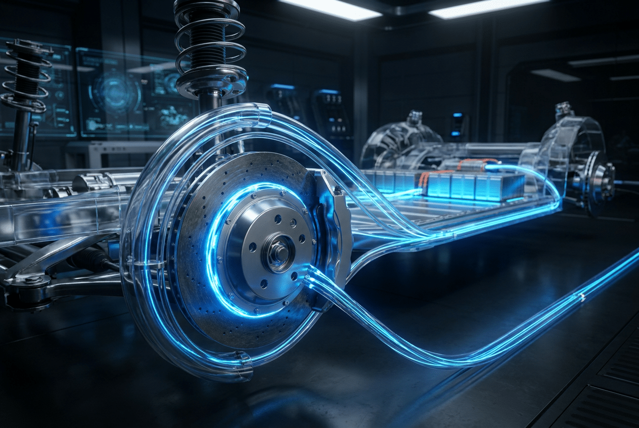 Visualización conceptual de un sistema de frenado regenerativo en un coche eléctrico, mostrando el flujo de energía hacia la batería.