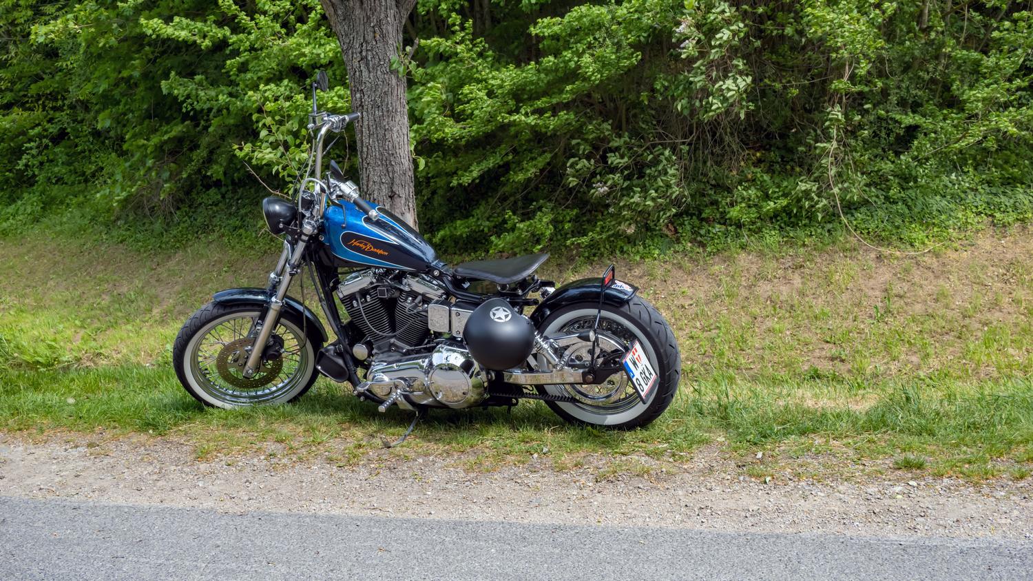 Moto estilo custom aparcada en una carretera rural rodeada de vegetación.