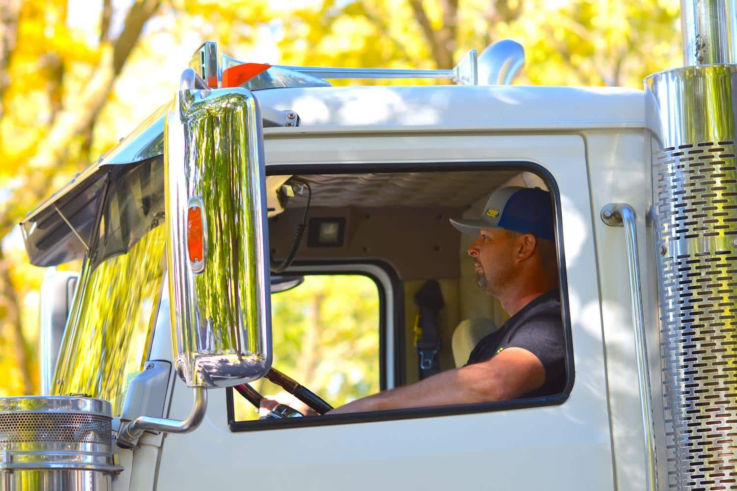 Conductor profesional al volante de un camión de gran tonelaje circulando por un paisaje soleado.