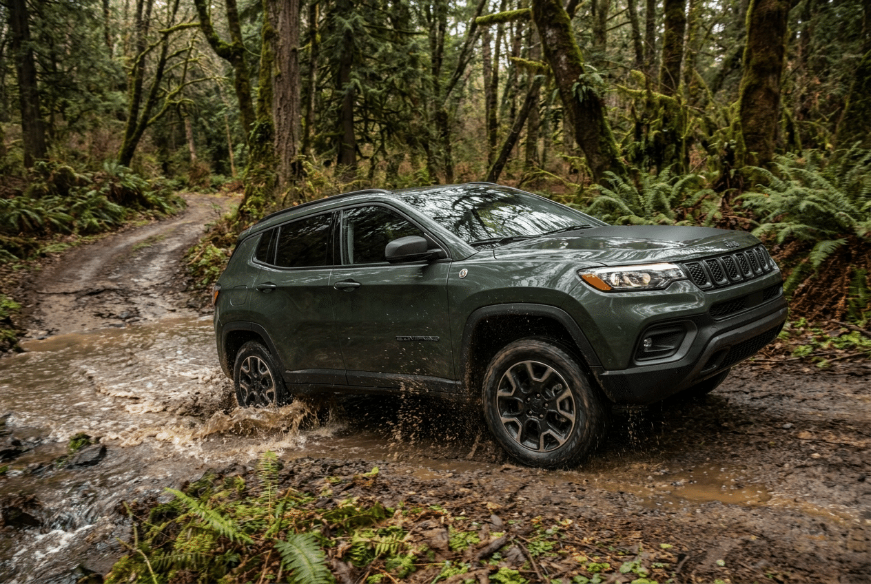 Jeep Compass 4xe Upland navegando por un sendero forestal embarrado y cruzando un arroyo poco profundo, resaltando su capacidad todoterreno.