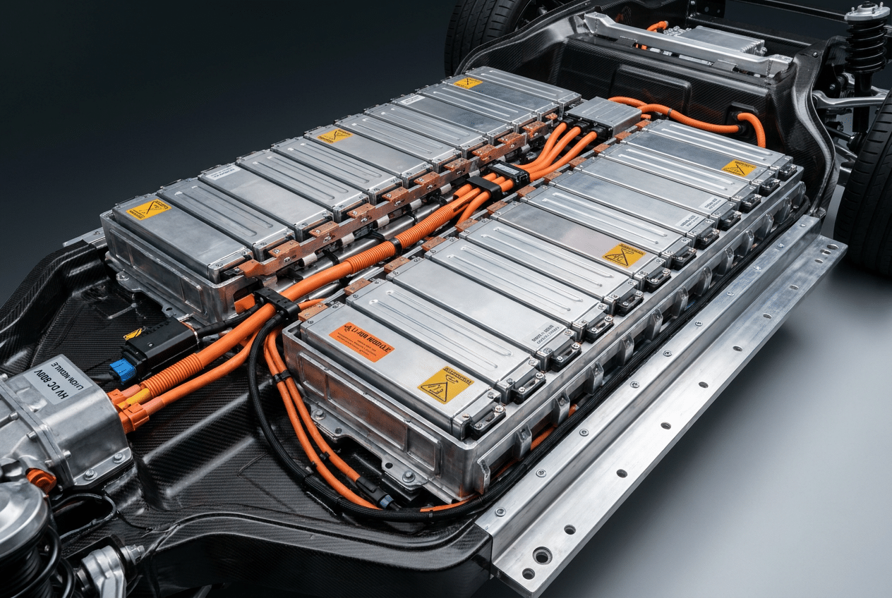Representación tecnológica de un paquete de baterías de vehículo eléctrico integrado en el chasis, con celdas modulares y cables de alta tensión.