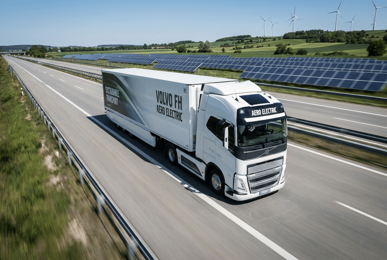 Camión Volvo FH Aero Electric blanco circulando por una autopista europea moderna bajo un cielo despejado.