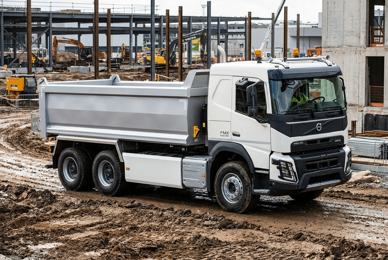Camión robusto Volvo FMX Electric operando en una obra de construcción moderna.