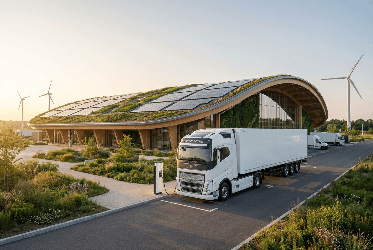 Camión eléctrico Volvo FH estacionado en un centro de distribución sostenible con paneles solares.