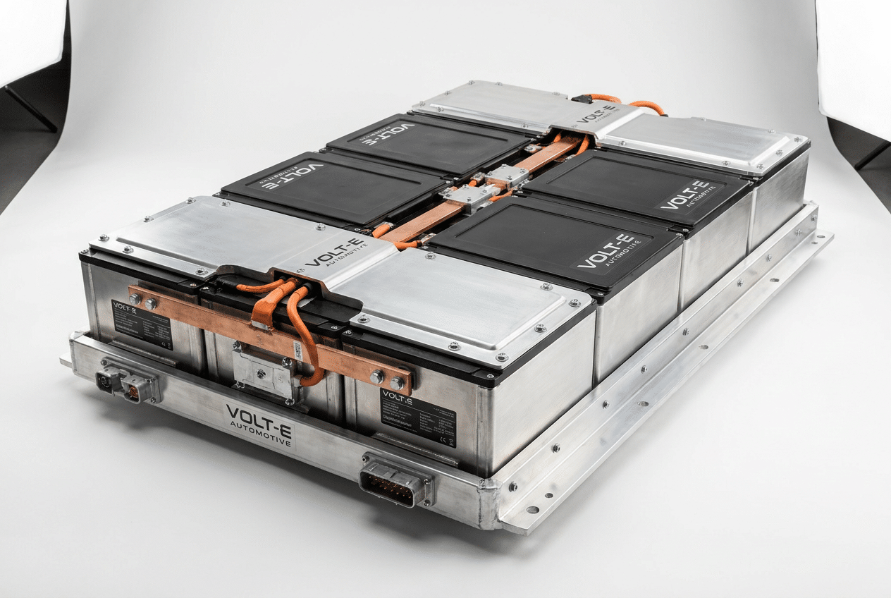 Fotografía profesional de un paquete de baterías de alta tensión para vehículo eléctrico, mostrando su diseño modular y precisión técnica.
