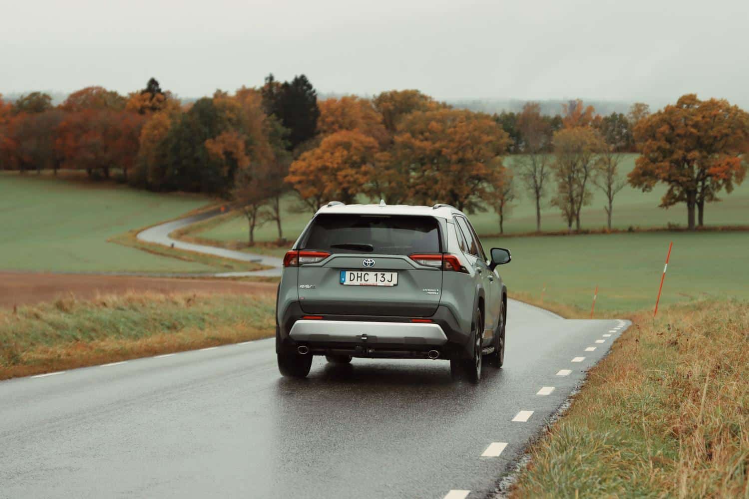 Toyota RAV4 Hybrid circulando por una carretera escénica en otoño, resaltando la eficiencia de su motorización híbrida en viajes largos.